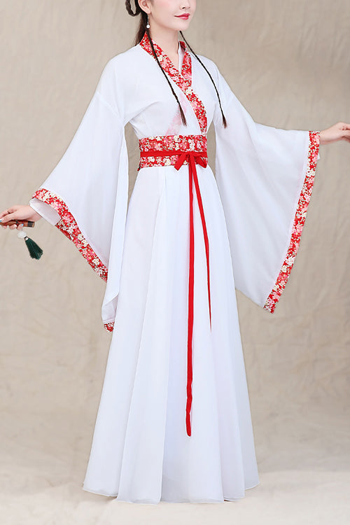 White Neckline Embroidered Wide Sleeve Sweet Hanfu Dress - White - 1