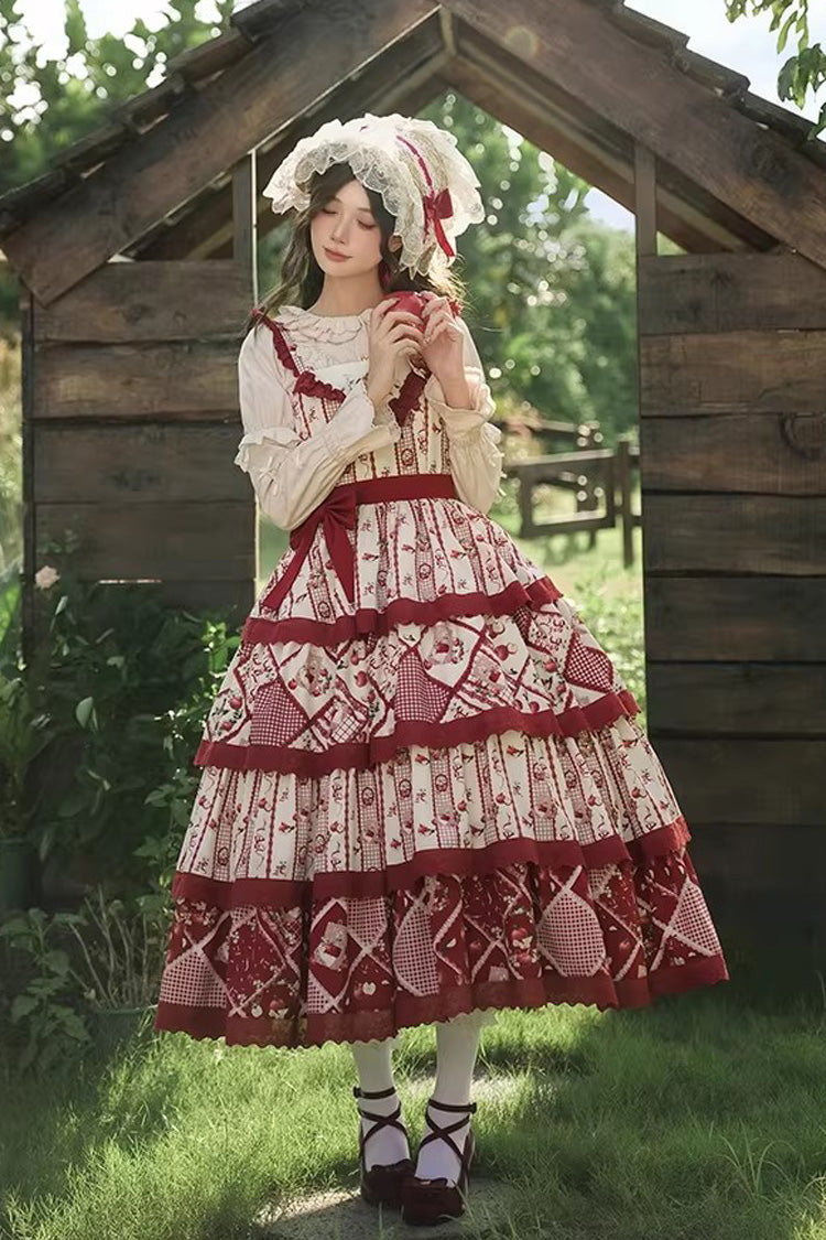 Red Multi-layer Sunflower Print Ruffle Embroidery Sweet Chinese Style Lolita Jsk Dress - Red - 1