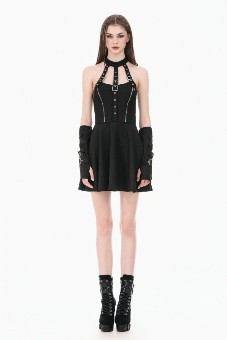 Black Buckled Zippered Women's Punk Halterneck Dress - Product - 9
