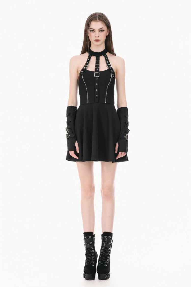 Black Buckled Zippered Women's Punk Halterneck Dress - Product - 9