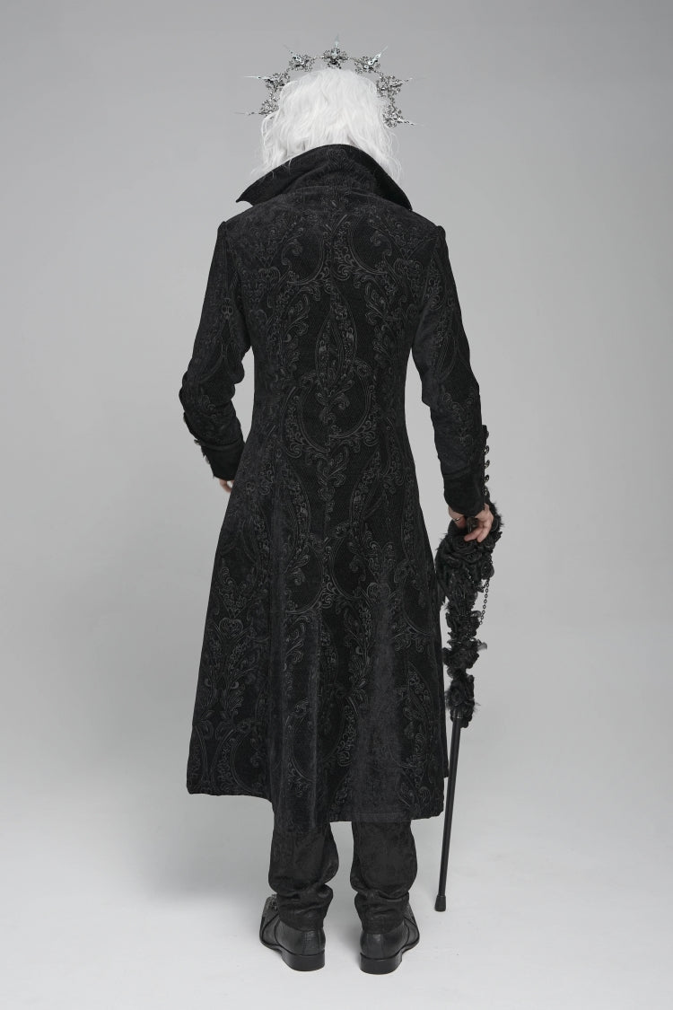 Black Diamante Stand Collar Long Sleeves Printed Zippered Men's Gothic Long Coat - Product - 6