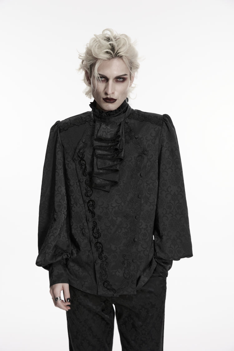 Black Stand Collar Long Lantern Sleeves Jacquard Embroidered  Men's Gothic Palace Shirt with Detachable Tie - Black - 1