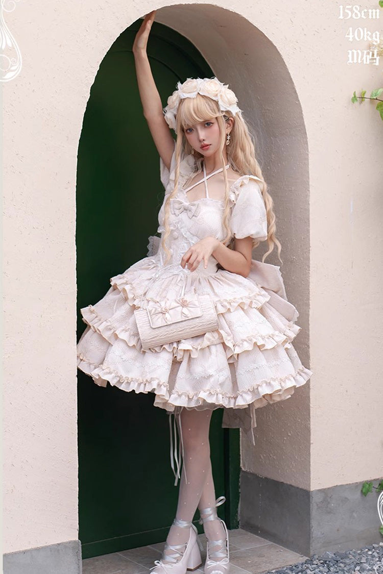 Champagne Square Collar Short Sleeves Triple-Layered Ruffle Bowknot Sweet Lolita Dress - Product - 4