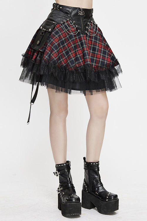 Black And Red Punk Lace Up Scottish Plaid Womens Skirts With Bag - Product - 2
