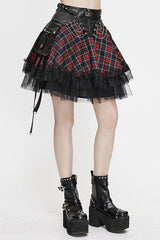 Black And Red Punk Lace Up Scottish Plaid Womens Skirts With Bag - Product - 2