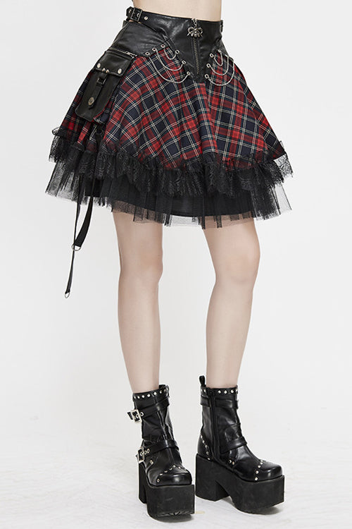 Black And Red Punk Lace Up Scottish Plaid Womens Skirts With Bag - Product - 2