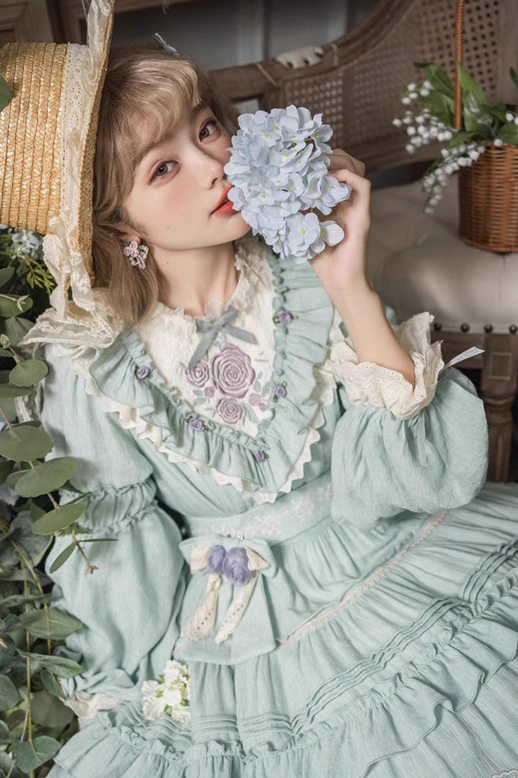 Green Long Sleeves Ruffle Embroidery Bowknot Sweet Plus Size Elegant Lolita Dress - Product - 5