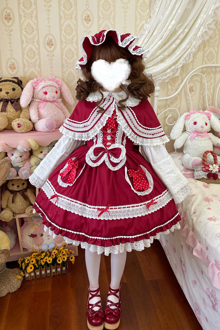 Red [Bobo Bunny Doll] Printed Ruffled Bow Lace-Up Sweet Lolita Jsk Dress 2 Colors - Product - 2