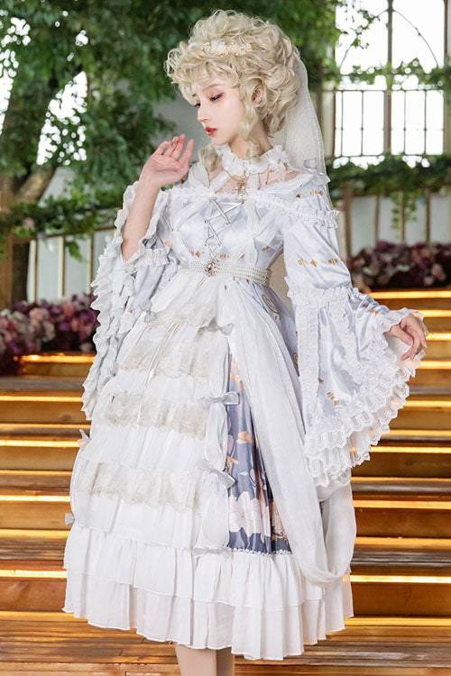 White/Purple Hanayome Cardigan High Waisted Trumpet Sleeves Multi-Layer Ruffled Sweet Lolita OP Dress - Product - 3