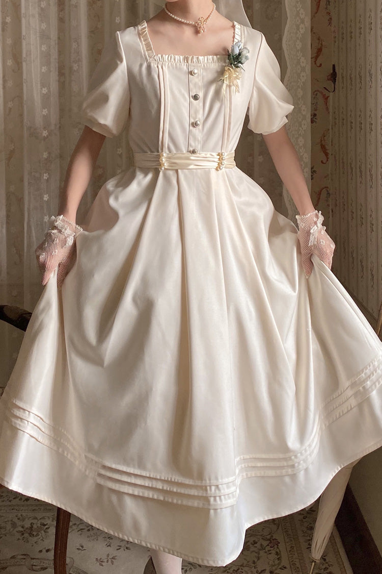 Apricot [Random Thoughts] Square Collar Short Sleeves Ruffle Classic Vintage Elegant Lolita Dress - Product - 8