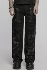 Black Pleated Faux Leather Stitching Men's Punk Straight Pants - Black - 1