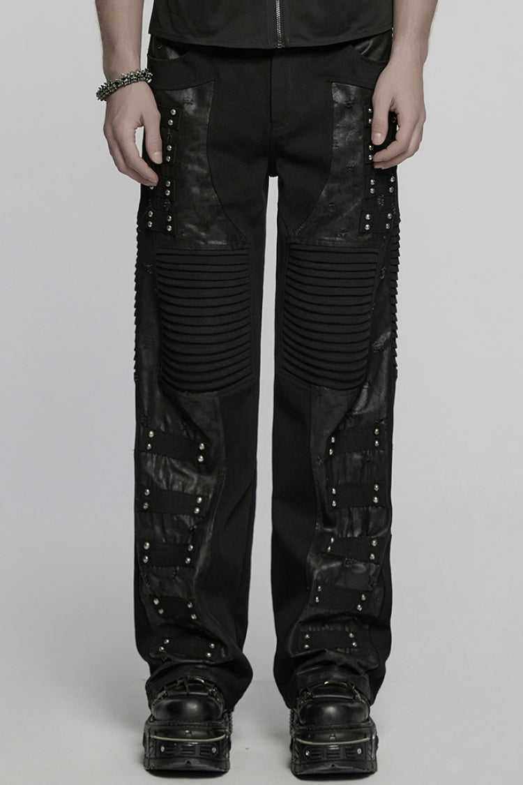 Black Pleated Faux Leather Stitching Men's Punk Straight Pants - Black - 1