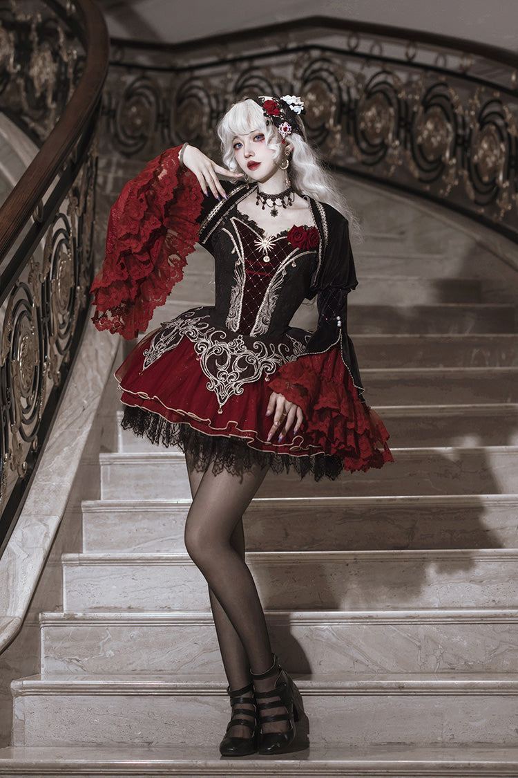 Black/Red [Blood Clan Feast] Ruffle Embroidery Lace Gothic Lolita Jsk Dress Set - Product - 7