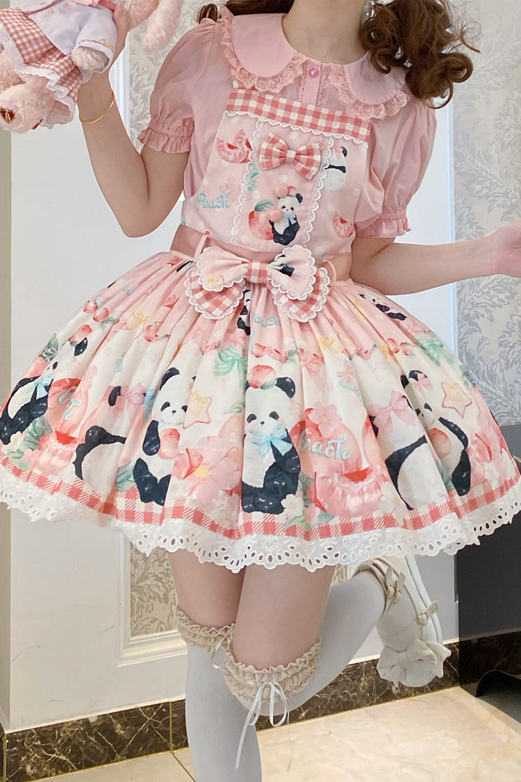 Panda Peach Print Bowknot Sweet Lolita Strap Dress 3 Colors - Product - 4