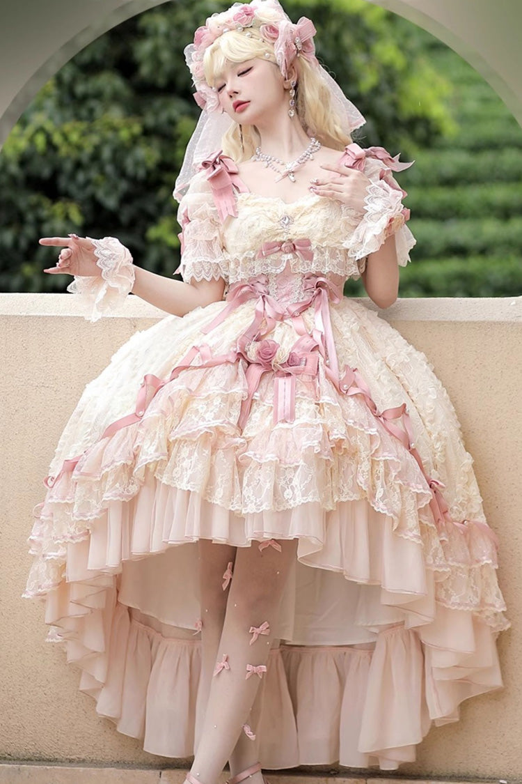Pink [Diane Rose] Short Sleeves Multi-Layered Jacquard Ruffle Hanayome Cardigan Bowknot Lace Sweet Lolita Dress - Pink - 1