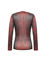 Black/Red Round Collar Long Sleeves Sheer Mesh Tie-dyed Women's Gothic Versatile Basic Top - Product - 12