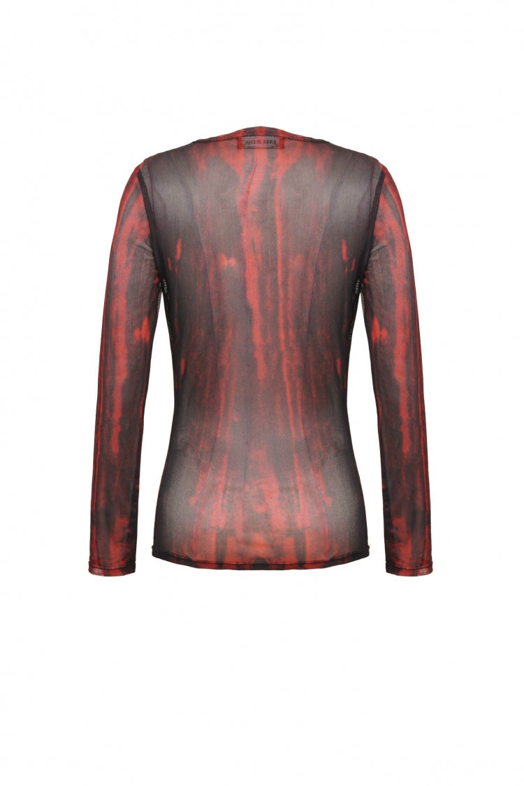Black/Red Round Collar Long Sleeves Sheer Mesh Tie-dyed Women's Gothic Versatile Basic Top - Product - 12