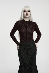 Red High Collar Long Sleeves Rose Jacquard Lace Slim Fit Women's Gothic Luxurious Top - Red - 1