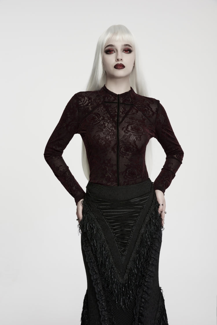 Red High Collar Long Sleeves Rose Jacquard Lace Slim Fit Women's Gothic Luxurious Top - Red - 1