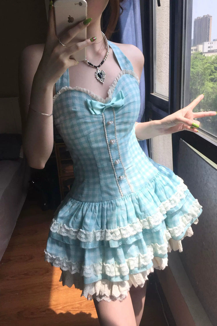 [Summer Mint] Halterneck Sleeveless Double-Layered Printed Ruffled Bow Lace Sweet Lolita Jsk Dress 5 Colors (Blue, Pink, Red, Black, White) - Product - 3