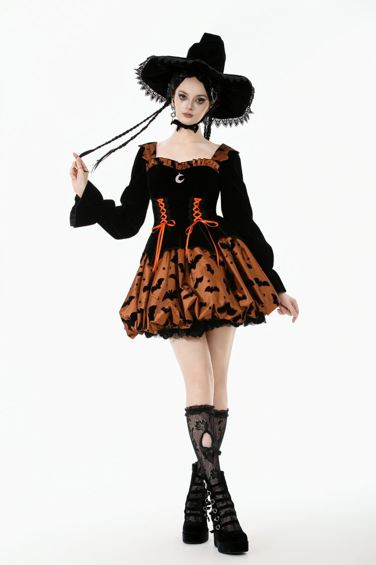 Black/Orange Square Collar Long Sleeves Bat Printed Lace-Up Women's Gothic Pumpkin Halloween Dress - Product - 2