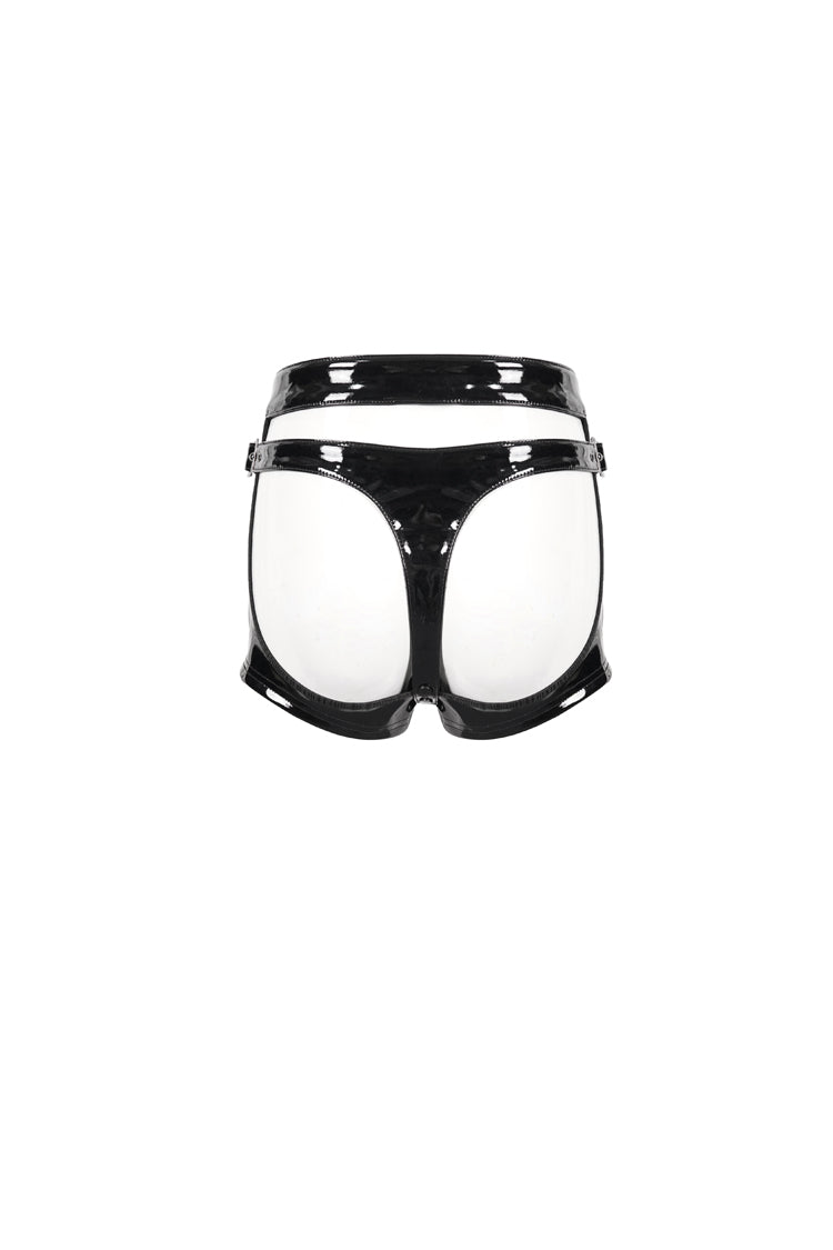 Black Sexy Stretch Patent Leather Detachable Gusseted Women's Punk Shorts - Product - 9
