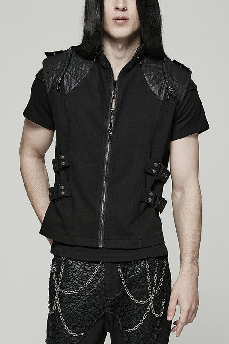 Black Stand Collar Side Waist Webbing Decorative Stitching Mens Steampunk Vest - Black - 1