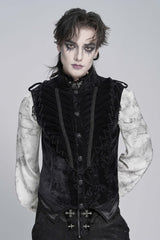 Black Stand Collar Sleeveless Jacquard Embroidered Buckled Pleated Men's Gothic Vest - Product - 6