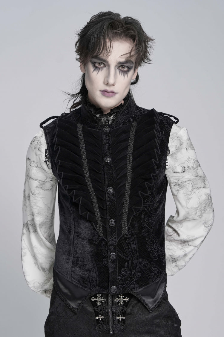 Black Stand Collar Sleeveless Jacquard Embroidered Buckled Pleated Men's Gothic Vest - Product - 6