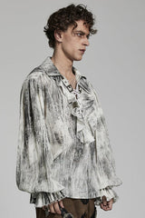 Men's Jacquard V Collar Lantern Sleeves Print Ruffle Gothic Blouse 2 Colors - Product - 7