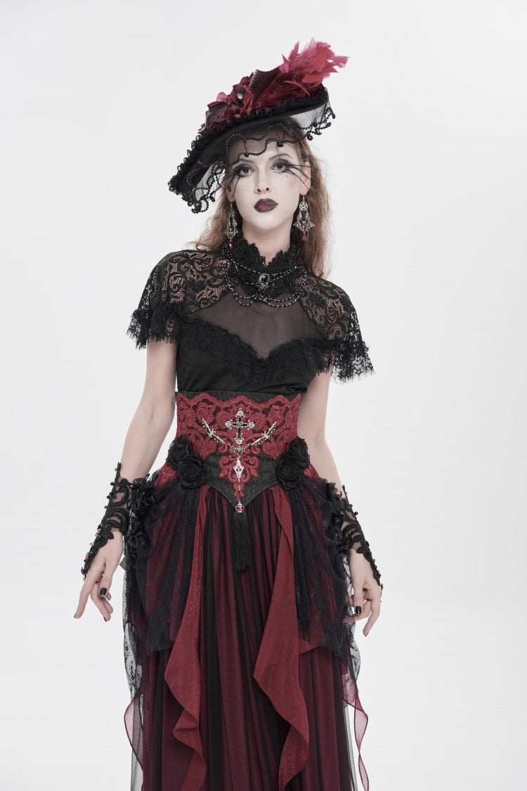Black/Red Embroidered Lace Women's Gothic Underbust Corset Embroidered Rose Cross Underbust Corset - Product - 9