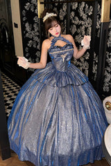 Blue [Paris-Inspired] Sleeveless Glitter Series Ruffled Cut-Out Bow Sweet Lolita Skirt Set - Blue - 1