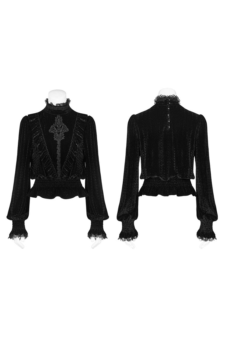 Black Stand Collar Long Sleeves Embroidery Floral Lace Women's Gothic Tops - Product - 5