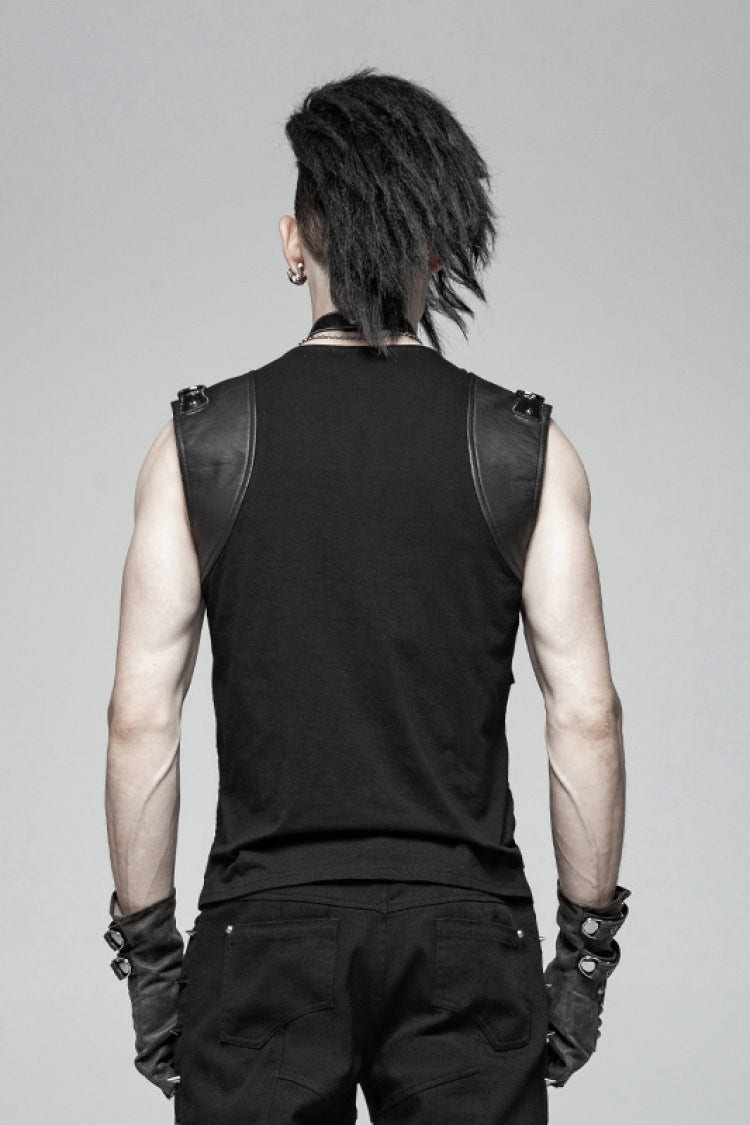 Black Sleeveless Metal Buckles Hollow Faux Leather Men's Steampunk Vest - Product - 3