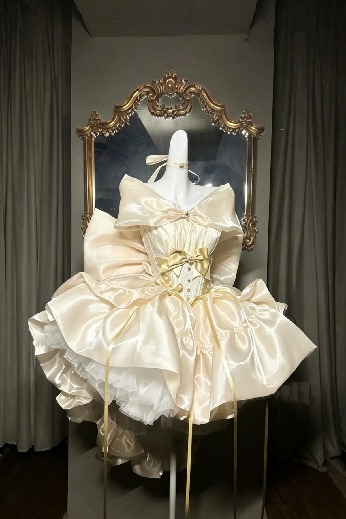 Corsetto beige champagne a strati con volant alto-basso fiocco grande dolce principessa (set) vista dettagliata 3