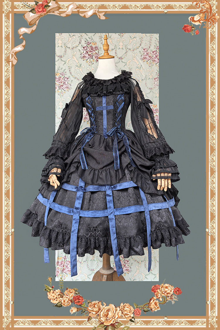 [Lilith’s Cage] Sleeveless Print Ruffle Bowknot Lace-Up Gothic Elegant Lolita Jsk Dress 2 Colors - Product - 4