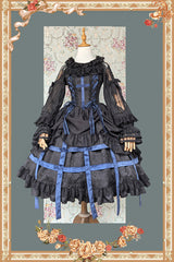 [Lilith’s Cage] Sleeveless Print Ruffle Bowknot Lace-Up Gothic Elegant Lolita Jsk Dress 2 Colors - Product - 4