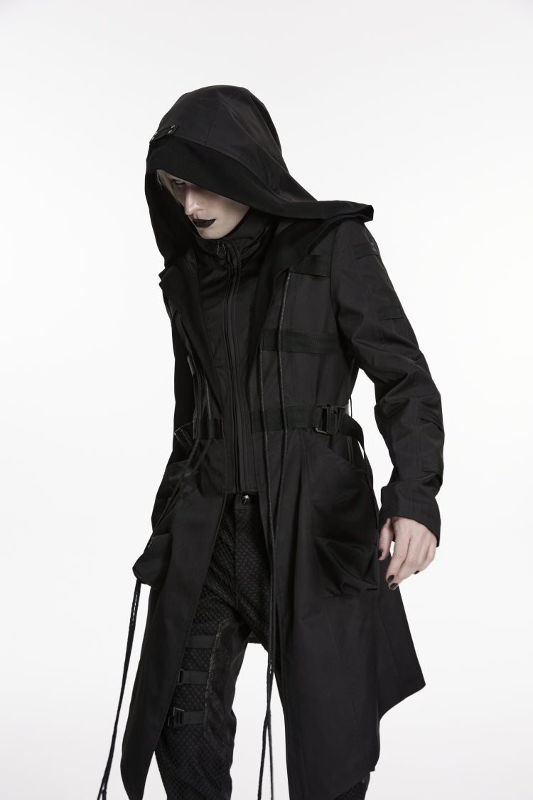 Black Stand Collar Long Sleeves Hooded Faux Two-Piece Zippered Men's Punk Big Pockets Strappy Jacket - Product - 7