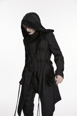 Black Stand Collar Long Sleeves Hooded Faux Two-Piece Zippered Men's Punk Big Pockets Strappy Jacket - Product - 7