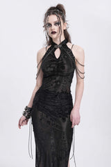 Black Halterneck Sleeveless Cheongsam Collar Side Slit Embroidery Women's Gothic Dress - Product - 5