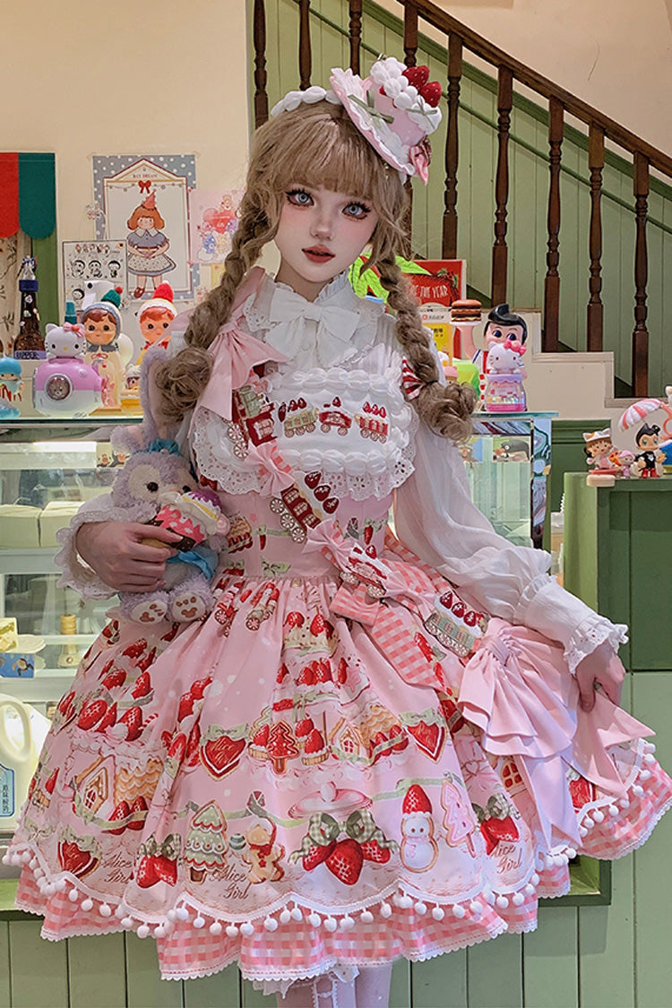 Mint Strawberry Dessert Print Natural Waisted Ruffle Bowknot Sweet Lolita JSK Dress 4 Colors - Product - 13