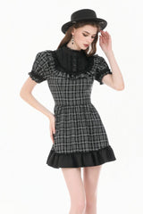 Black/White Plaid Stand Collar Short Puff Sleeves Ruffled  Lace Lace-Up Women's Lolita Gothic Dress - Product - 6