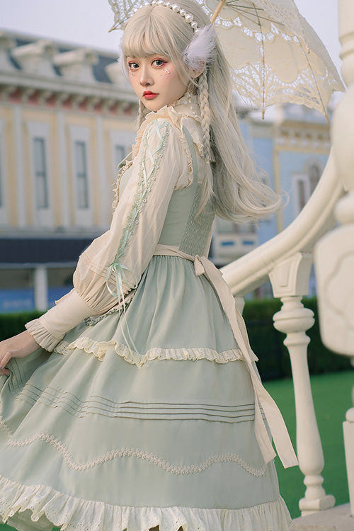Light Green Japanese Country Style Bowknot Cardigan Ruffled Sweet Lolita JSK Dress - Product - 6
