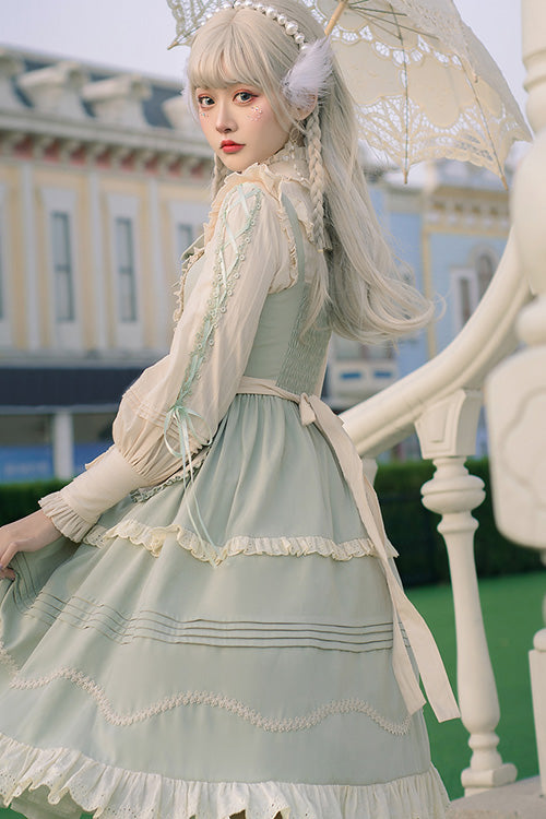 Light Green Japanese Country Style Bowknot Cardigan Ruffled Sweet Lolita JSK Dress - Product - 6