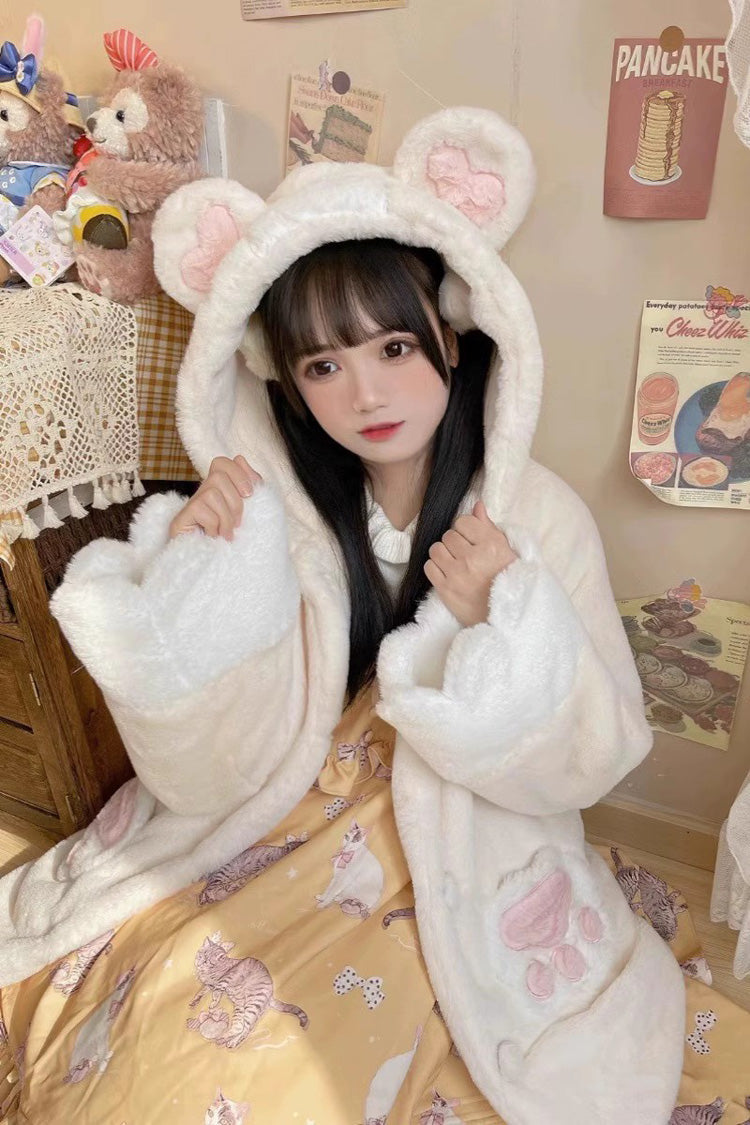 [Sleepy Bear] Long Sleeves Plush Thickened Hooded Sweet Lolita Coat 2 Colors - Product - 2