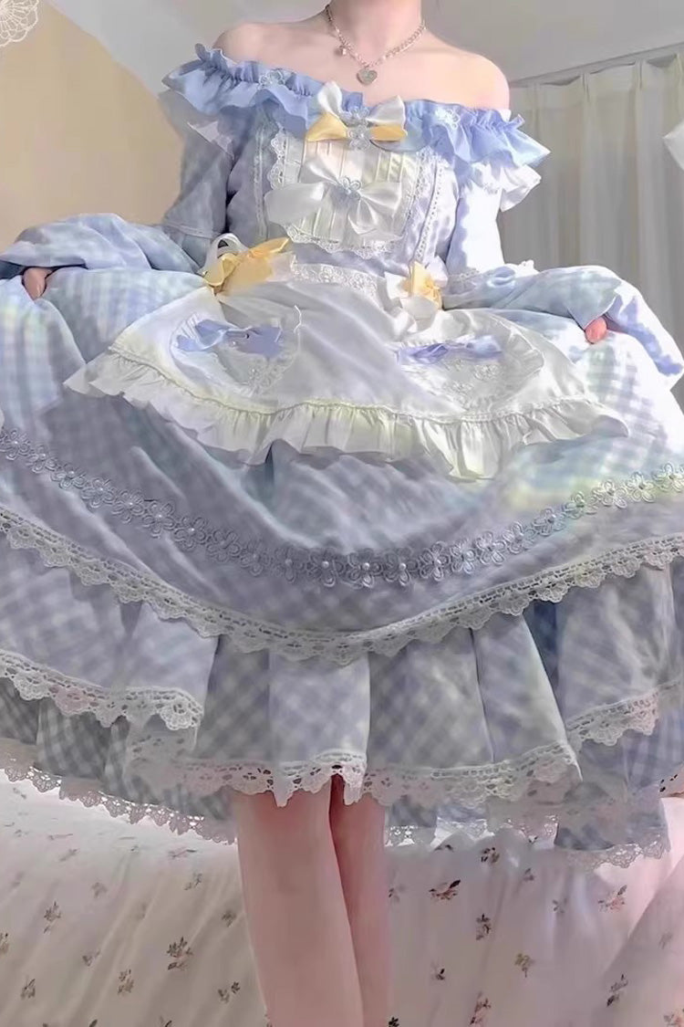 Blue Plaid Print Long Sleeves Bowknot Lace Sweet Lolita Dress - Product - 6