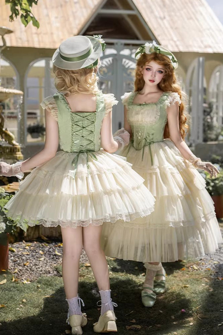 Green [Letters & Poems · Whisper of Lily of the Valley] Square Collar Multi-Layered Ruffled Embroidered Fishbone Sweet Lolita Jsk Dress 2 Versions - Product - 21