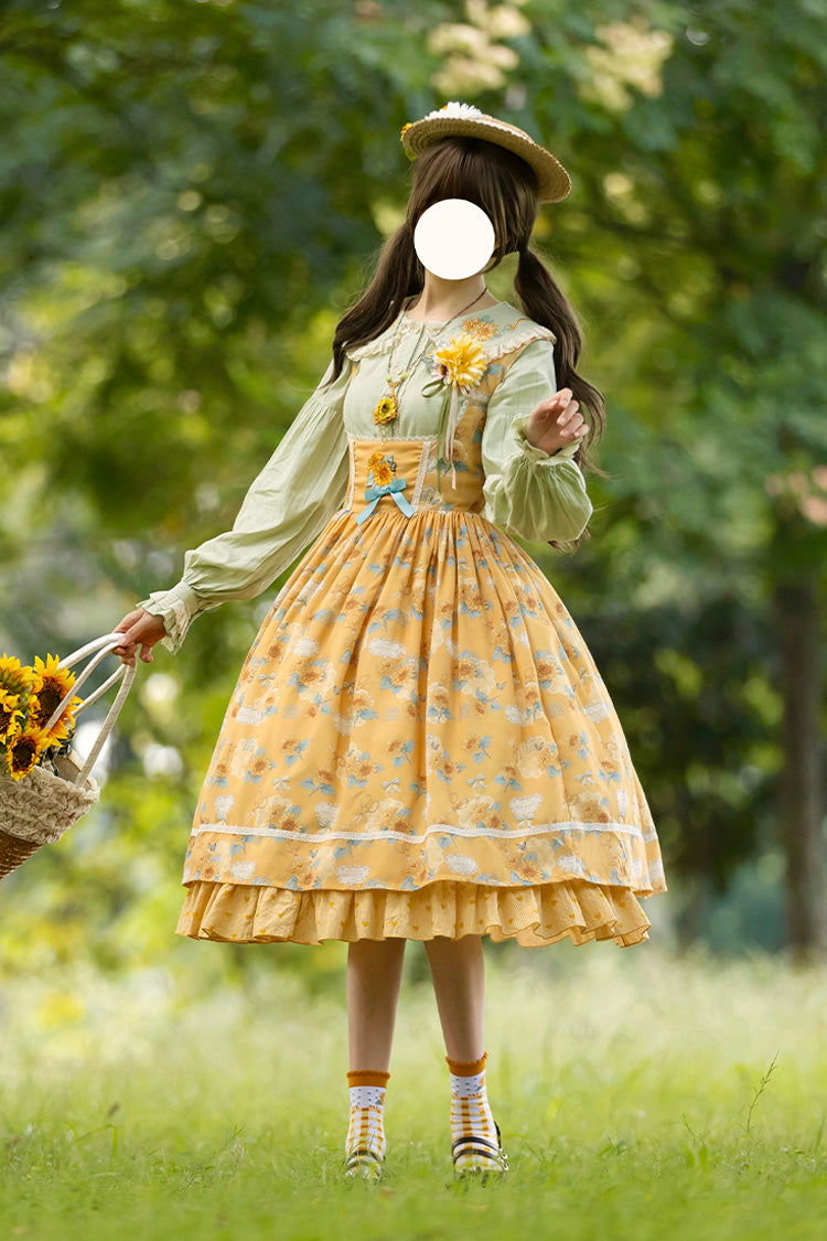 Yellow [Gardening Sunflower] Sleeveless Print Ruffle Bowknot Sweet Elegant Uplift Lolita Jsk Dress - Product - 14