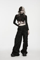 Black Patchwork Ripped Pleated Women's Punk Wide Leg Pants - Product - 10