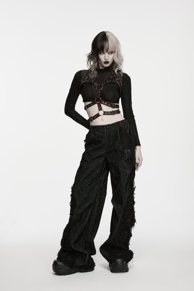 Black Patchwork Ripped Pleated Women's Punk Wide Leg Pants - Product - 10